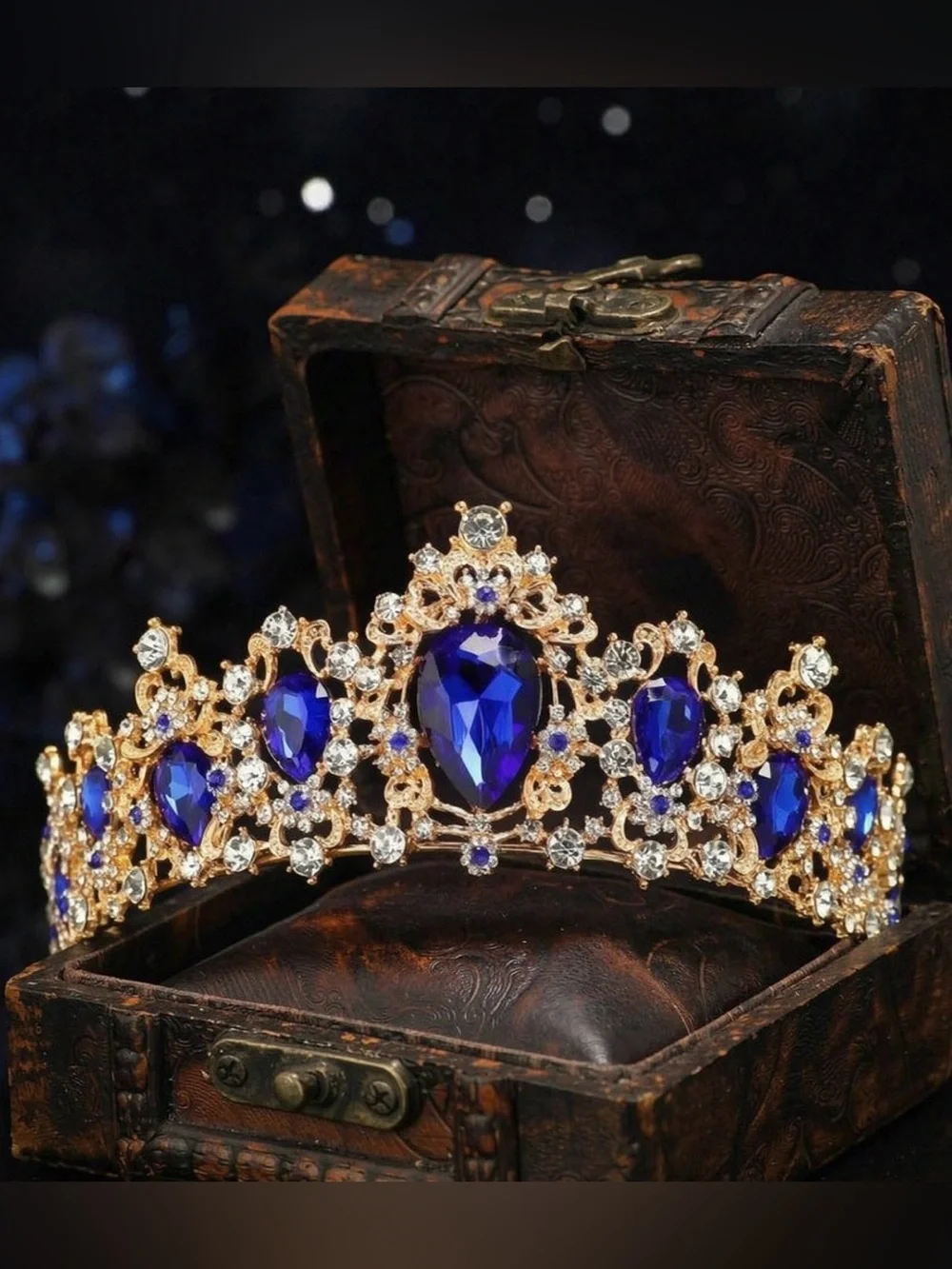 Gold-Plated Royal Blue Crystal Tiara Crown